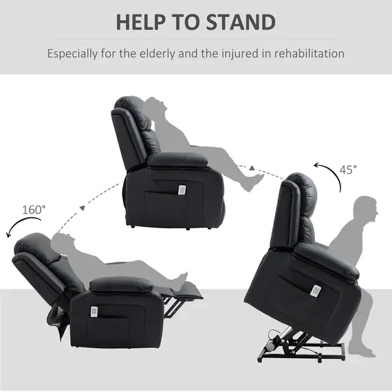 Buy Riser and Recliner Chair with Massage, Heat, Power Lift Recliner Chair for Elderly with Remote Control, Extended Footrest, Dual Side Pockets, Overstuffed Electric Reclining Armchair, Black, 7 image