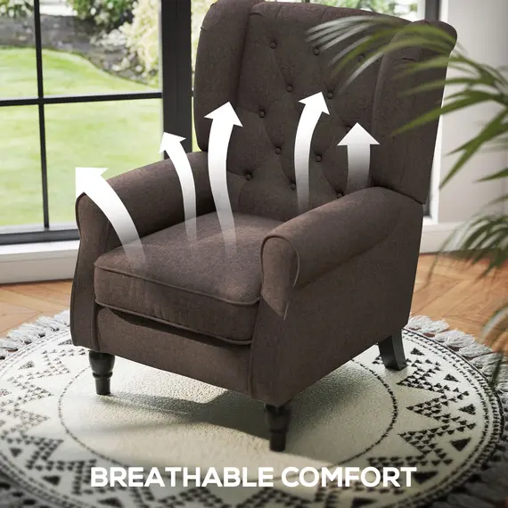 Buy Retro Accent Chair, Wingback Armchair with Wood Frame Button Tufted Design for Living Room Bedroom, Brown, 6 image