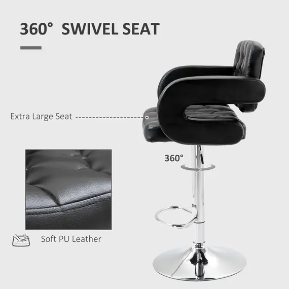 Buy PU Leather Upholstered Swivel Bar Stool, Height Adjustable with Back, Armrest, Footrest, Black, 5 image