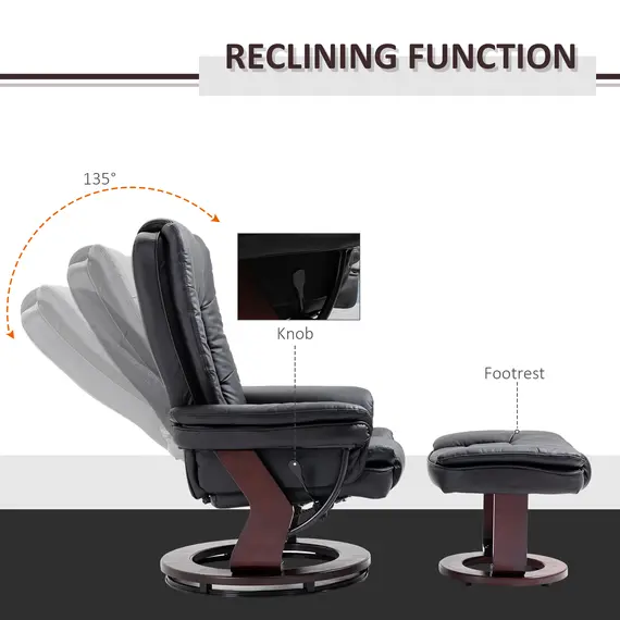 Buy Recliner Chair With footstool, Recliner Armchair up to 130kg Weight Capacity, 135° Reclining Swivel Sofa Chair, PU Leather Ergonomic Couch Bed with Swivel Wood Base for Living Room, Black, Colour: Black, 4 image