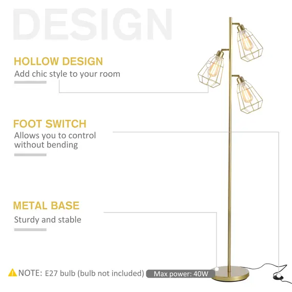Buy Retro Practical Tree Floor Lamp 3 Angle Adjustable Lampshade Steel Base for Living Room Bedroom Office Gold 165cm, 5 image