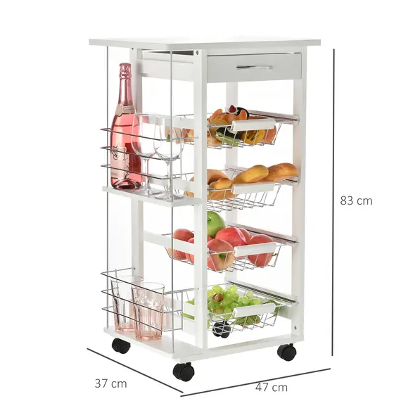Buy Rolling Kitchen Cart, Utility Storage Cart with 4 Basket Drawers & Side Racks, Wheels for Dining Room, White, 3 image