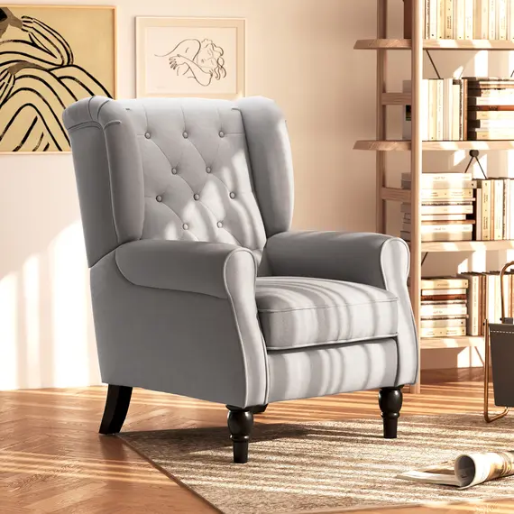 Buy Retro Accent Chair, Wingback Armchair with Wood Frame Button Tufted Design for Living Room Bedroom, Grey, 2 image