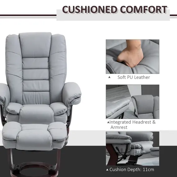 Buy Recliner Chair With footstool, Recliner Armchair up to 130kg Weight Capacity, 135° Reclining Swivel Sofa Chair, PU Leather Ergonomic Couch Bed with Swivel Wood Base for Living Room, Grey, Colour: Grey, 6 image