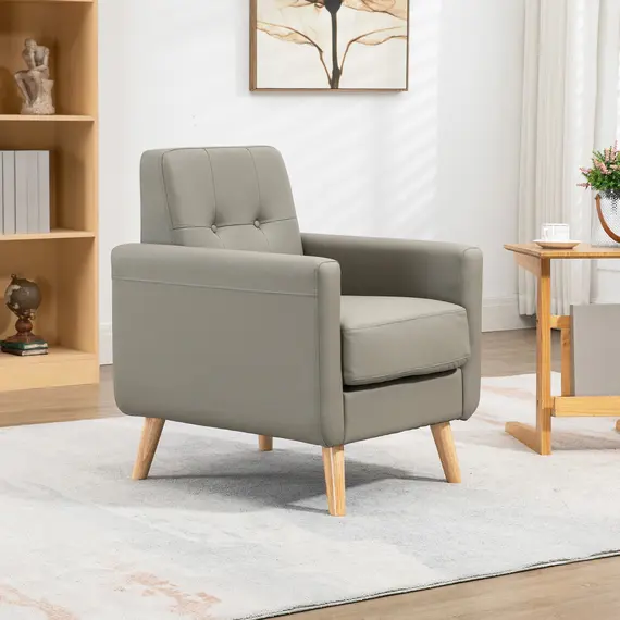Buy Retro Accent Chair, Tufted Living Room Chairs, PU Leather Armchair for Bedroom, Home Office, Grey, 7 image