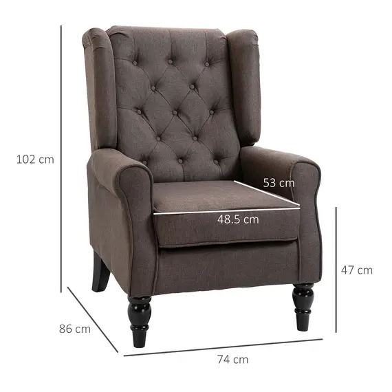 Buy Retro Accent Chair, Wingback Armchair with Wood Frame Button Tufted Design for Living Room Bedroom, Brown, 3 image