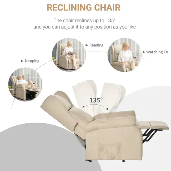 Buy Power Lift Recliner Armchair, Electric Lift Chair for Elderly, Fabric Riser and Reclining Chair with Remote Control, Side Pockets, Extended Footrest, for Living Room, Beige, 5 image