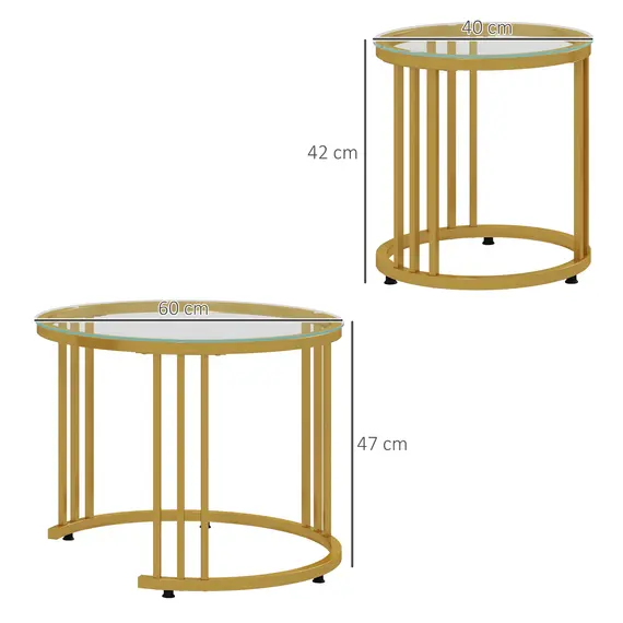 Buy Round Coffee Tables Set of 2, Nesting Tables with Tempered Glass Top and Steel Frame, 60cmx60cmx47cm, Gold Tone, 3 image