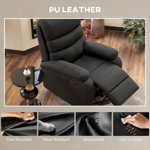 Buy PU Leather Reclining Chair, Manual Recliner Chair with Padded Armrests, Retractable Footrest and Wood Frame, Black, 8 image