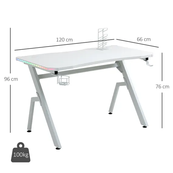Buy RGB 120 x 66cm Gaming Desk, Computer Table with Carbon Fibre Surface, Headphone Hook, Cup Holder, Controller Rack, Home Office Desk, White, 3 image