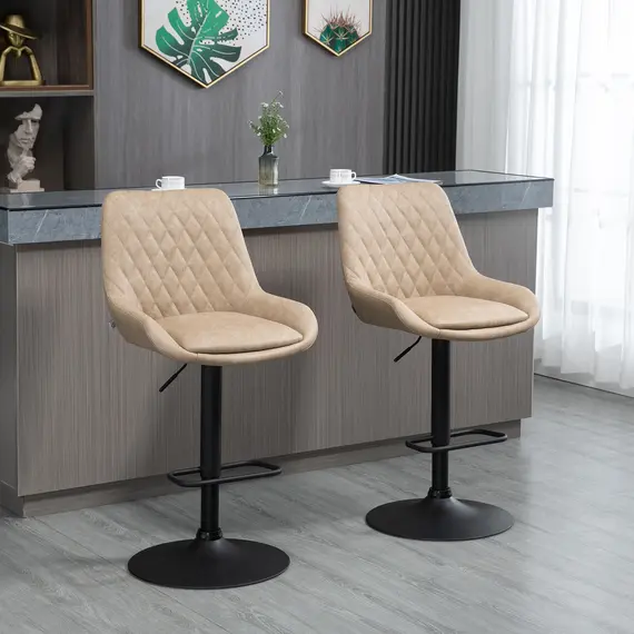 Buy Retro Bar Stools Set of 2, Adjustable Kitchen Stool, Upholstered Bar Chairs with Back, Swivel Seat, Light Khaki, 2 image