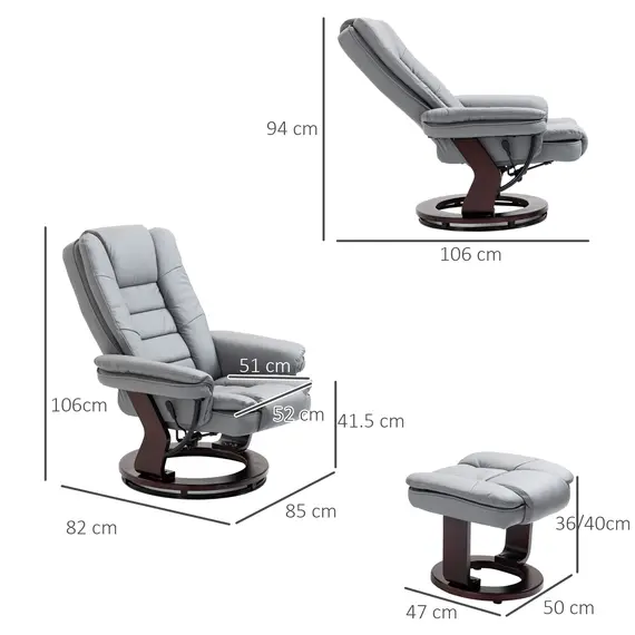 Buy Recliner Chair With footstool, Recliner Armchair up to 130kg Weight Capacity, 135° Reclining Swivel Sofa Chair, PU Leather Ergonomic Couch Bed with Swivel Wood Base for Living Room, Grey, Colour: Grey, 3 image