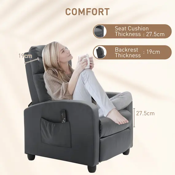 Buy Recliner Armchair, Massage Faux Leather Push Back Reclining Chair with Adjustable Leg Rest, Side Pocket, for Home Living Room Theatre, Grey, 7 image