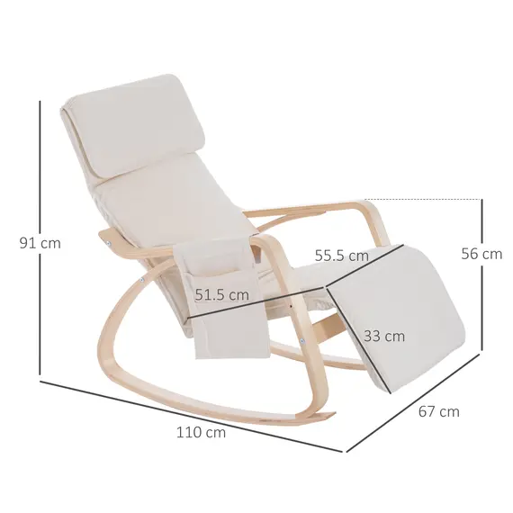 Buy Rocking Lounge Chair Recliner Relaxation Lounging Relaxing Seat with Adjustable Footrest, Side Pocket and Pillow, Cream White, 3 image