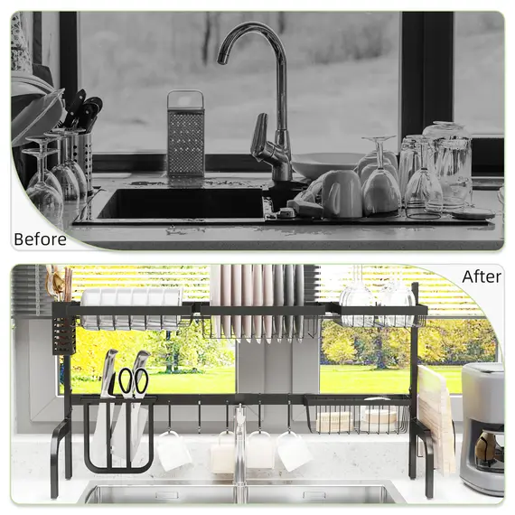 Buy Space Saving 2 Tier Adjustable Dish Drainer Over The Sink Dish Drying Rack, Black, 4 image