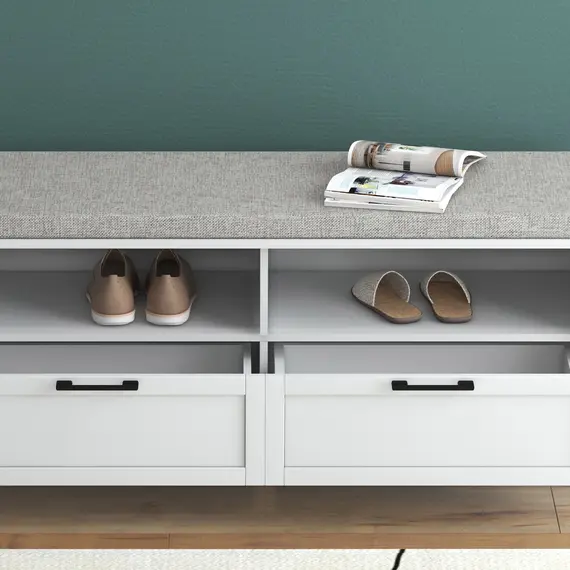 Buy Shoe Bench with Removable Cushion, Shoe Storage Bench with Padded Seat, Open Compartments and Drawers for Entryway Hallway, 6 image
