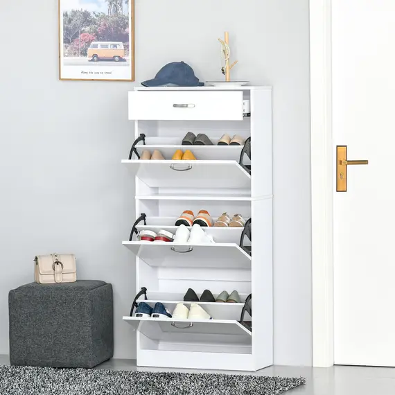 Buy Shoe Cabinet with 3 Flip Drawers, High Gloss Shoe Storage Cabinet with Top Drawer and Adjustable Shelves, Shoe Cupboard for 18 Pairs, White, 7 image