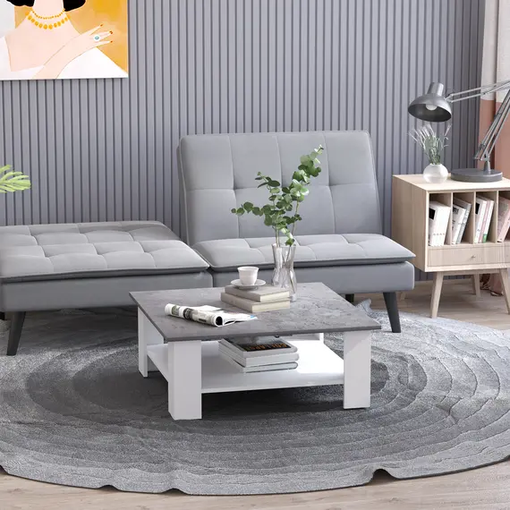 Buy Square Coffee Table, Wooden Coffee Table with Storage, Cocktail Center Tea Table for Home Office, 80W x 80D x 31.5Hcm, Grey and White, 4 image