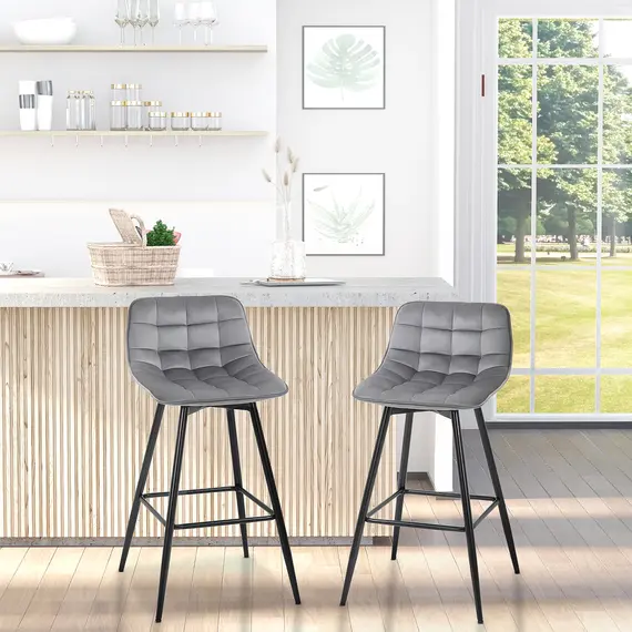 Buy Set of 2 Bar Stools Velvet-Touch Dining Chairs Kitchen Counter Chairs    Fabric Upholstered seat with Metal Legs, Backrest, Grey, 2 image