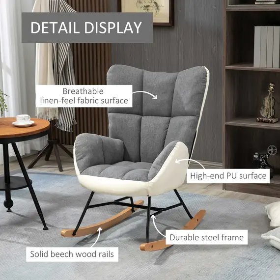 Buy Soft Padded Rocking Wingback Armchair, with Wooden Legs - Grey/Cream, 6 image