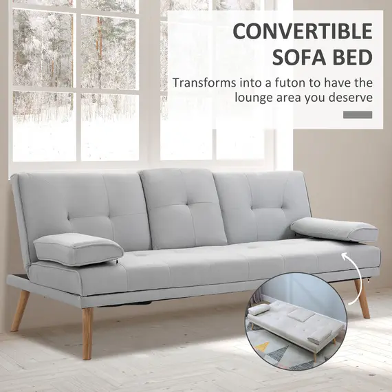 Buy Sofa Bed, Fabric 3-seater Click Clack Sofa Bed with 2 Cup Holders, Convertible Bed Settee, Futon Sofa with Removable Armrest, for Living Room, Spare Room, Bed Room, Guest Room, Grey, 4 image