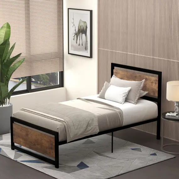 Buy Single Size Metal Bed Frame with Headboard & Footboard, Strong Slat Support Solid Bedstead Base w/ Underbed Storage Space, Bedroom Furniture For Adults, 2 image