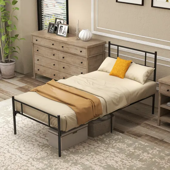 Buy Single Metal Bed Frame Solid Bedstead Base with Headboard and Footboard, Metal Slat Support and Underbed Storage Space, Bedroom Furniture, Black, 7 image