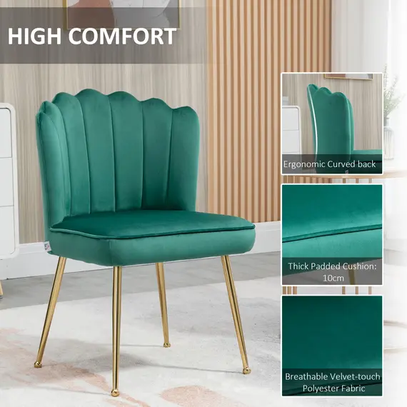 Buy Shell Dining Chairs Set of 2, Upholstered Kitchen Chairs with Gold Metal Legs and Backrest, Velvet Fabric Lounge Leisure Chairs for Living Room, Reception Room, Green, 6 image