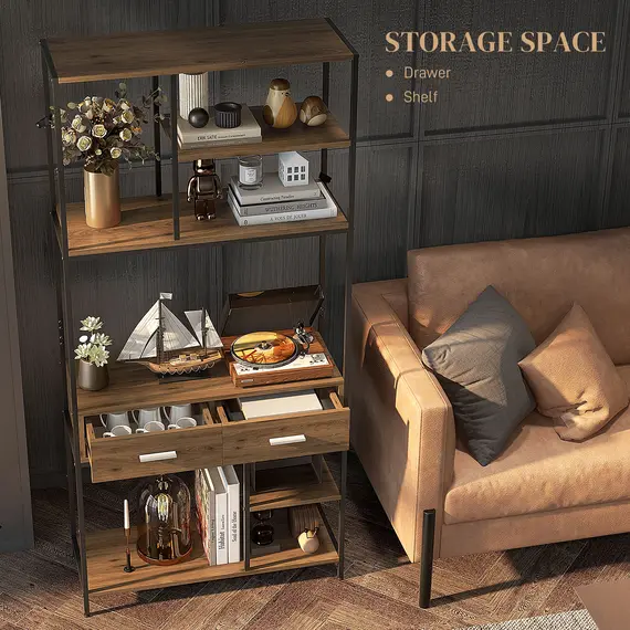 Buy Seven-Shelf Industrial Display Shelf, with Drawers - Brown/Black, 5 image