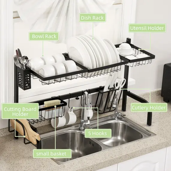Buy Space Saving 2 Tier Adjustable Dish Drainer Over The Sink Dish Drying Rack, Black, 5 image
