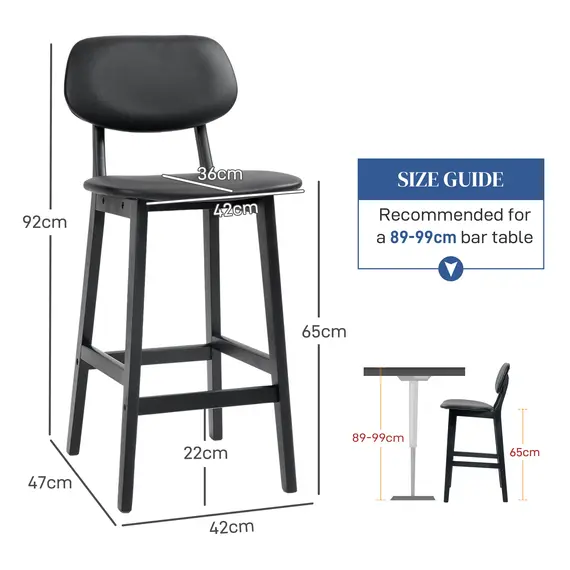 Buy Set of Two Wooden Classic Bar Stools, with Faux Leather Seats - Black, 3 image
