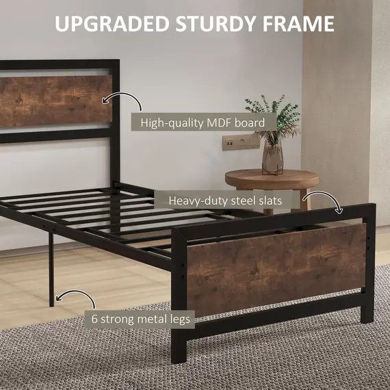 Buy Single Size Metal Bed Frame with Headboard & Footboard, Strong Slat Support Solid Bedstead Base w/ Underbed Storage Space, Bedroom Furniture For Adults, 4 image