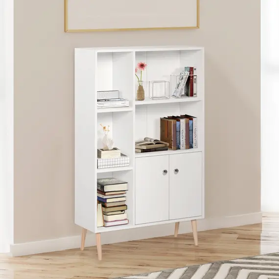 Buy Sideboard Storage Cabinet Cupboard, Open Bookcase with 2 Doors 5 Compartments Wooden Modern Style for Living Room Bedroom Kitchen 80 x 23 x 123 cm, White, 2 image