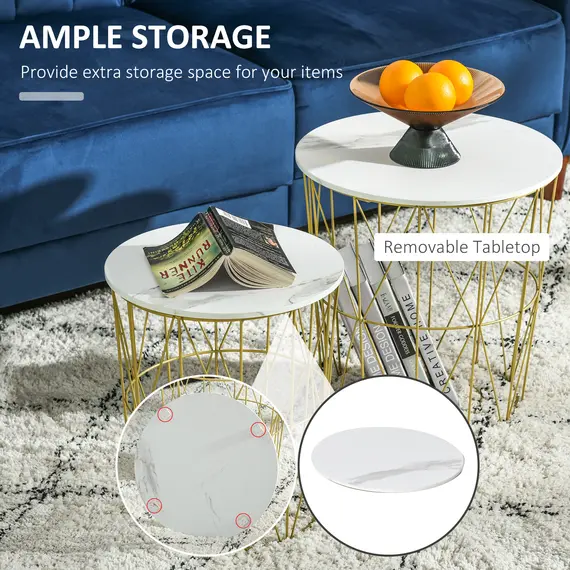 Buy Set of 2 Nesting Side Tables with Storage, Round End Tables Coffee Tables with Steel Frame and Removable Round Top, for Living Room, bedroom, office, White, 4 image