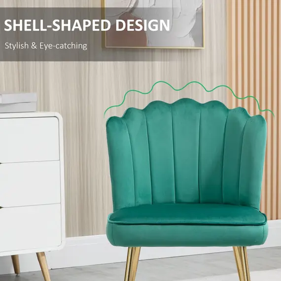 Buy Shell Dining Chairs Set of 2, Upholstered Kitchen Chairs with Gold Metal Legs and Backrest, Velvet Fabric Lounge Leisure Chairs for Living Room, Reception Room, Green, 5 image