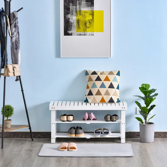 Buy Shoe Bench, 3-Tier Wooden Shoe Rack with Hidden Storage Compartment, Slatted Shelves, Home Storage Unit, Hallway Furniture, White, 90L x 29W x45H cm, 2 image
