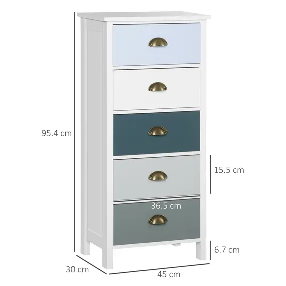 Buy Slim Storage Cabinet Organiser, Chest of Drawers, 5-Drawer Dresser with Metal Handle for Living Room, Bedroom, Blue, 3 image