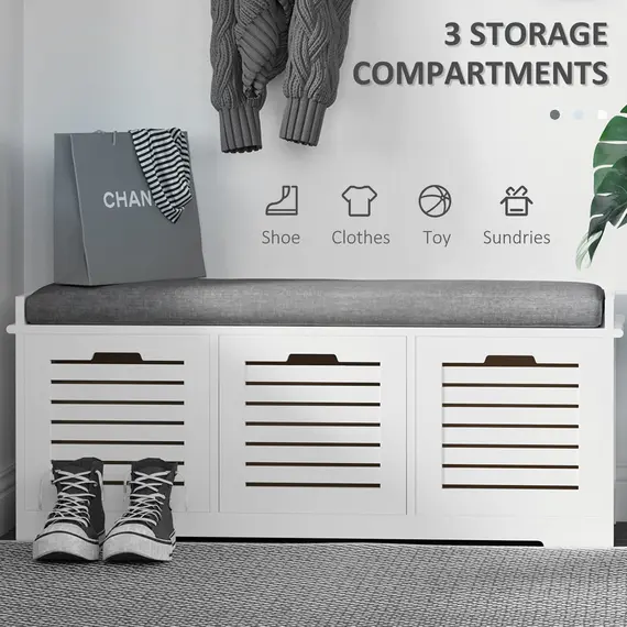 Buy Shoe Storage Bench with 3 Drawers & Removable Grey Seat Cushion Hallway Organisation furniture, 4 image