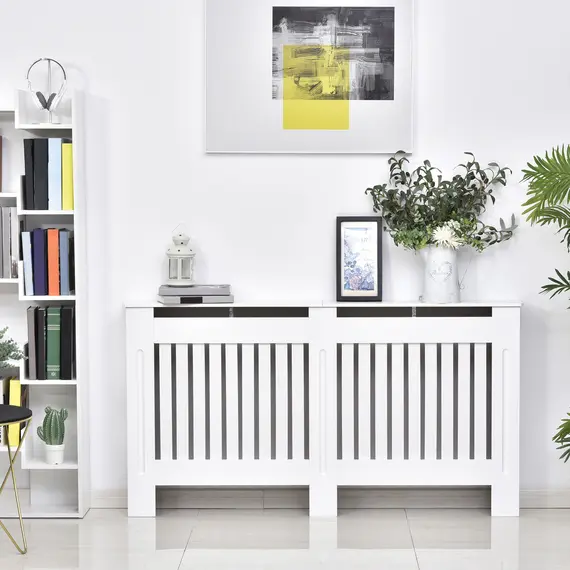 Buy Slatted Radiator Cover Painted Cabinet MDF Lined Grill in White (152L x 19W x 81H cm), 2 image