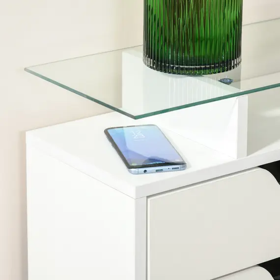 Buy Shoe Storage Cabinet, Shoe Cupboard with Slide Out Drawer, 2 Flip Doors, Tempered Glass Top and Adjustable Shelves for 16 Pairs of Shoes, White, 8 image