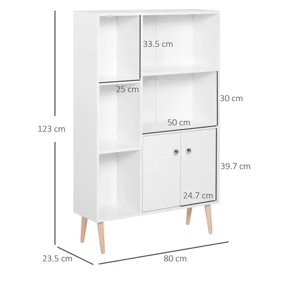 Buy Sideboard Storage Cabinet Cupboard, Open Bookcase with 2 Doors 5 Compartments Wooden Modern Style for Living Room Bedroom Kitchen 80 x 23 x 123 cm, White, 3 image
