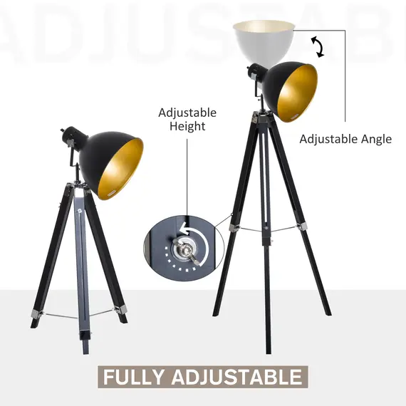 Buy Tripod Floor Lamp, Spotlight Reading Lamp w/ Adjustable Height, Angle, Wood Legs for Living Room, Bedroom, Home, Office, Black and Gold, 5 image
