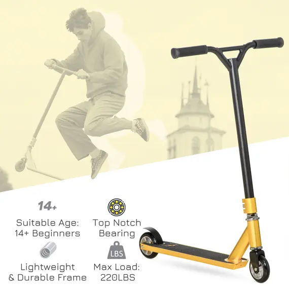 Buy Stunt Scooter, 360° Entry Level Tricks Scooter w/ Lightweight Aluminium Deck and ABEC 7 Bearing, For Age 14+ Beginners, Gold Tone, 4 image