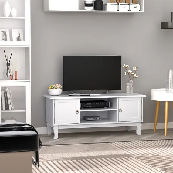 Buy TV Stand for TV up to 55", 2 Doors TV Cabinet with Open Storage Shelves and Cable Management, TV Table Unit for Living Room Bedroom Entertainment Room, 120L x 45W x 50.5H, White, 2 image
