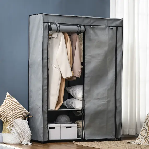 Buy Steel Frame Fabric Wardrobe, with Rail and Shelves - Light Grey, 7 image