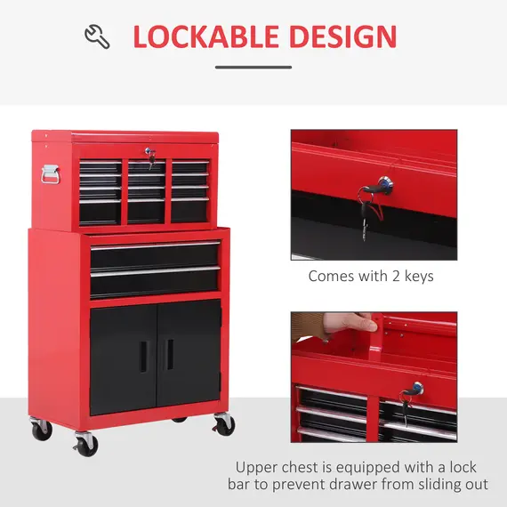 Buy Tool Chest, Metal Tool Cabinet on Wheels with 6 Drawers, Pegboard, Top Chest and Roller Cabinet Combo, 61.6 x 33 x 108cm, Red and Black, 7 image