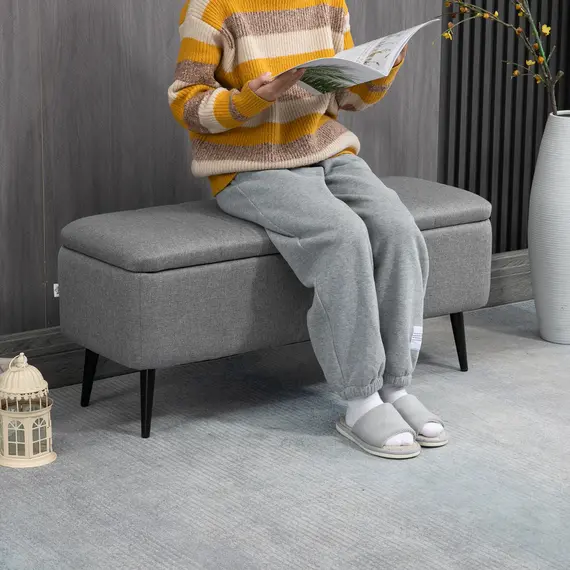 Buy Storage Ottoman with Flip Top, Rectangular Upholstered Bench, Linen Fabric Footstool with Steel Legs for Living Room, Bedroom, Grey, 7 image