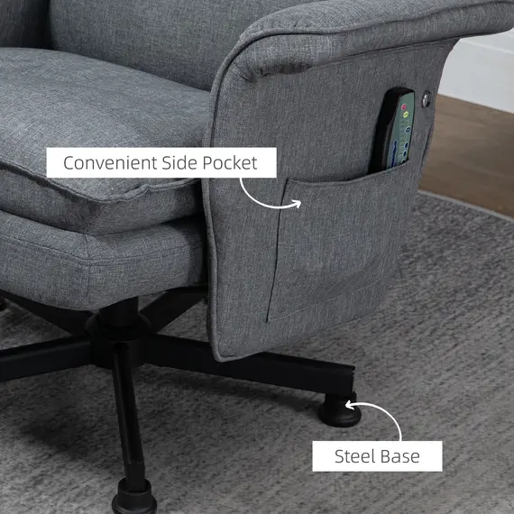 Buy Swivel Recliner Chair and Footstool, Upholstered Massage Recliner Armchair with Remote Control, Timer and Steel Base, Grey, 5 image