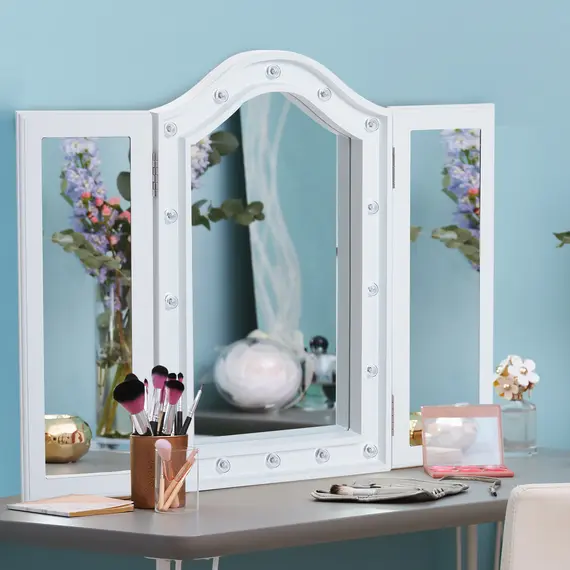 Buy Trifold Freestanding Mirror, Lighted Tabletop Vanity Mirror Large Cosmetic w/16 LED Lights powered by batteries Foldable For Bedroom- White, 2 image