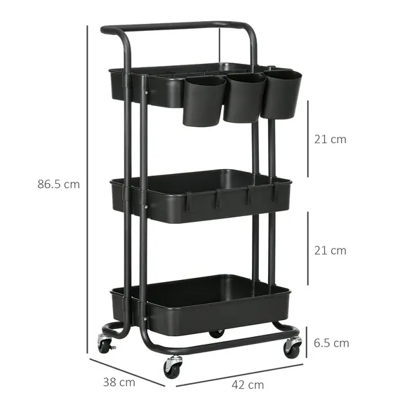 Buy Three-Tier Home Trolley, with Handle and Wheels - Black, 3 image